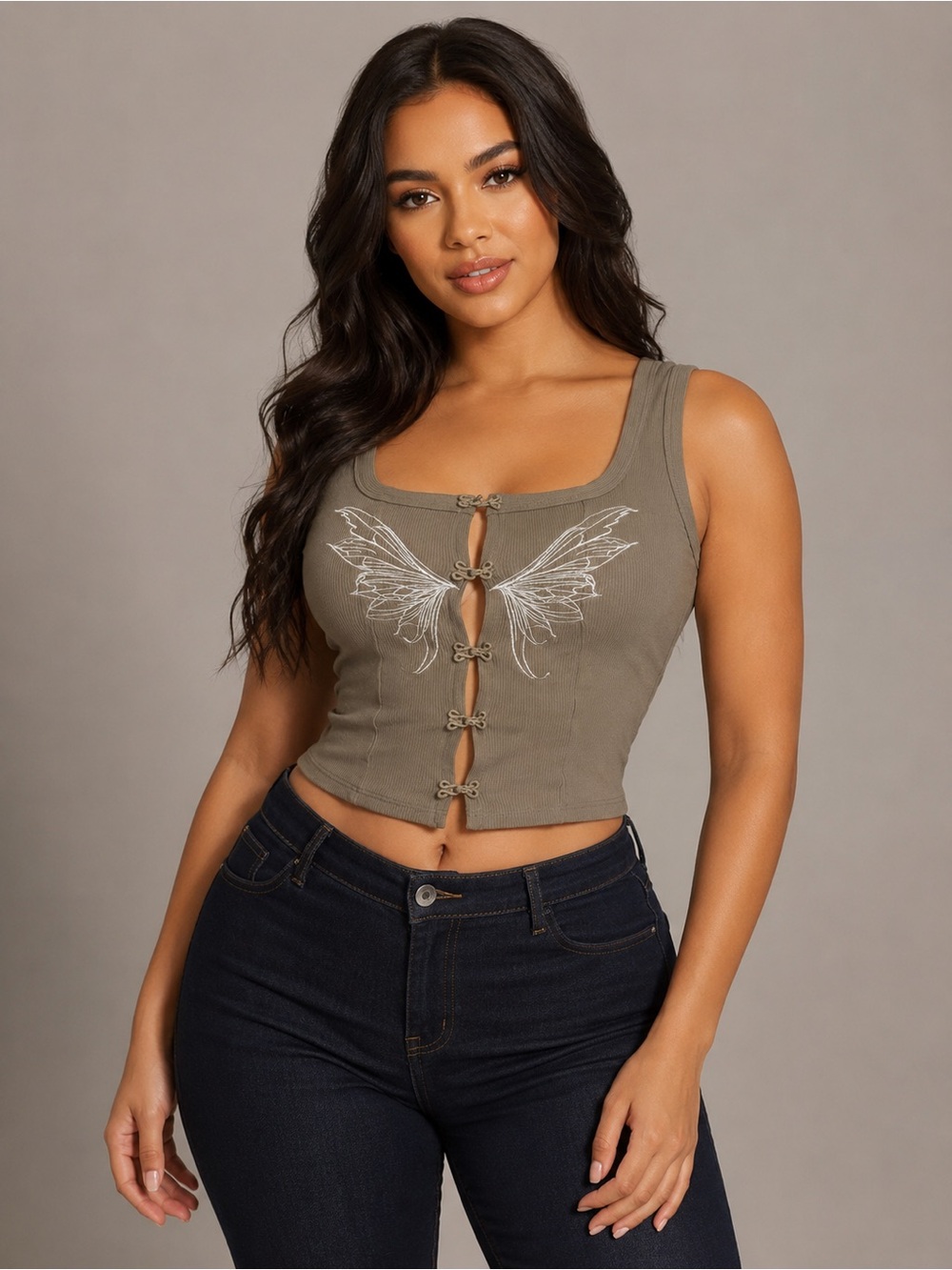 Forever 21 Y2K Butterfly Embroidered Frog Closure Crop Tank Top S